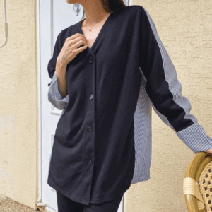 66-120사이즈 빅사이즈 여성 루즈핏 브이넥 스트라이프 셔츠 스판 가디건 티셔츠